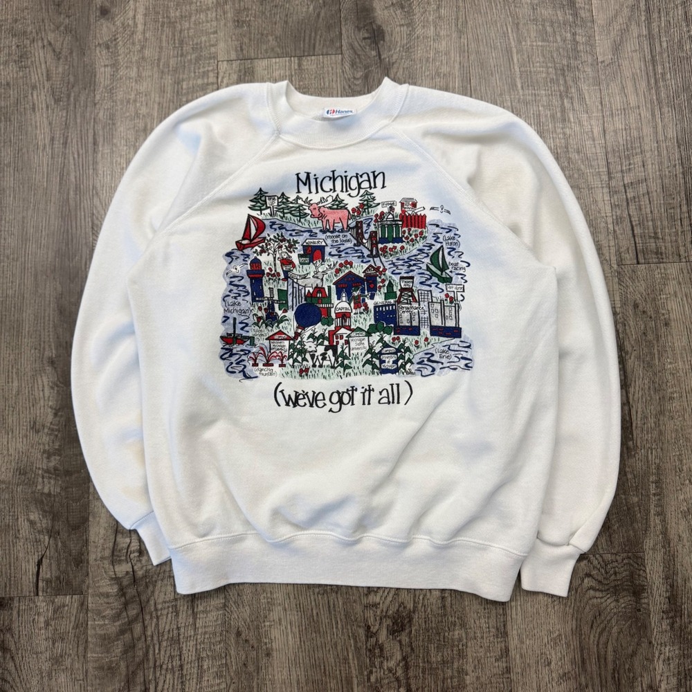 Vintage 80s Michigan State Map Cartoon Raglan Sweatshirt Made in USA S/ M